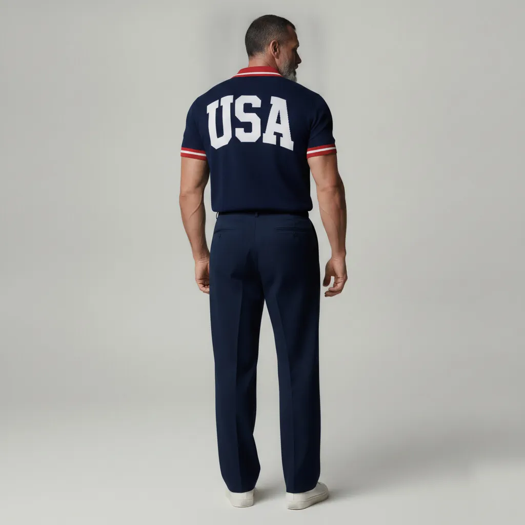 Camisa polo Navy Blue Contrast Trim Turndown Collar Back Letter Pattern para hombre