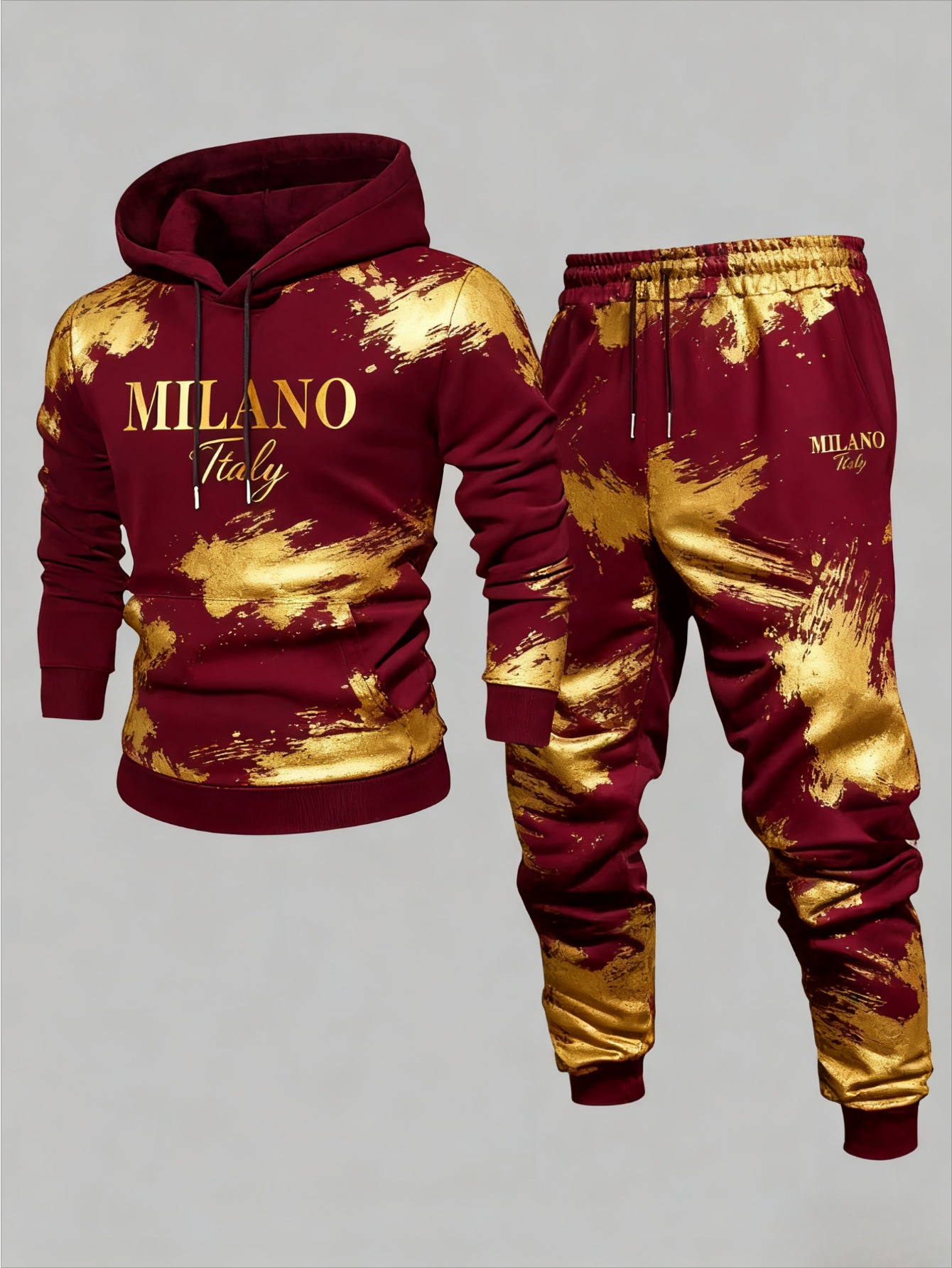 Conjunto de dos piezas casual Gold & Marron Color Matching estampado sudadera con capuchas de manga larga sudaderas & Sweatpantalón para hombre