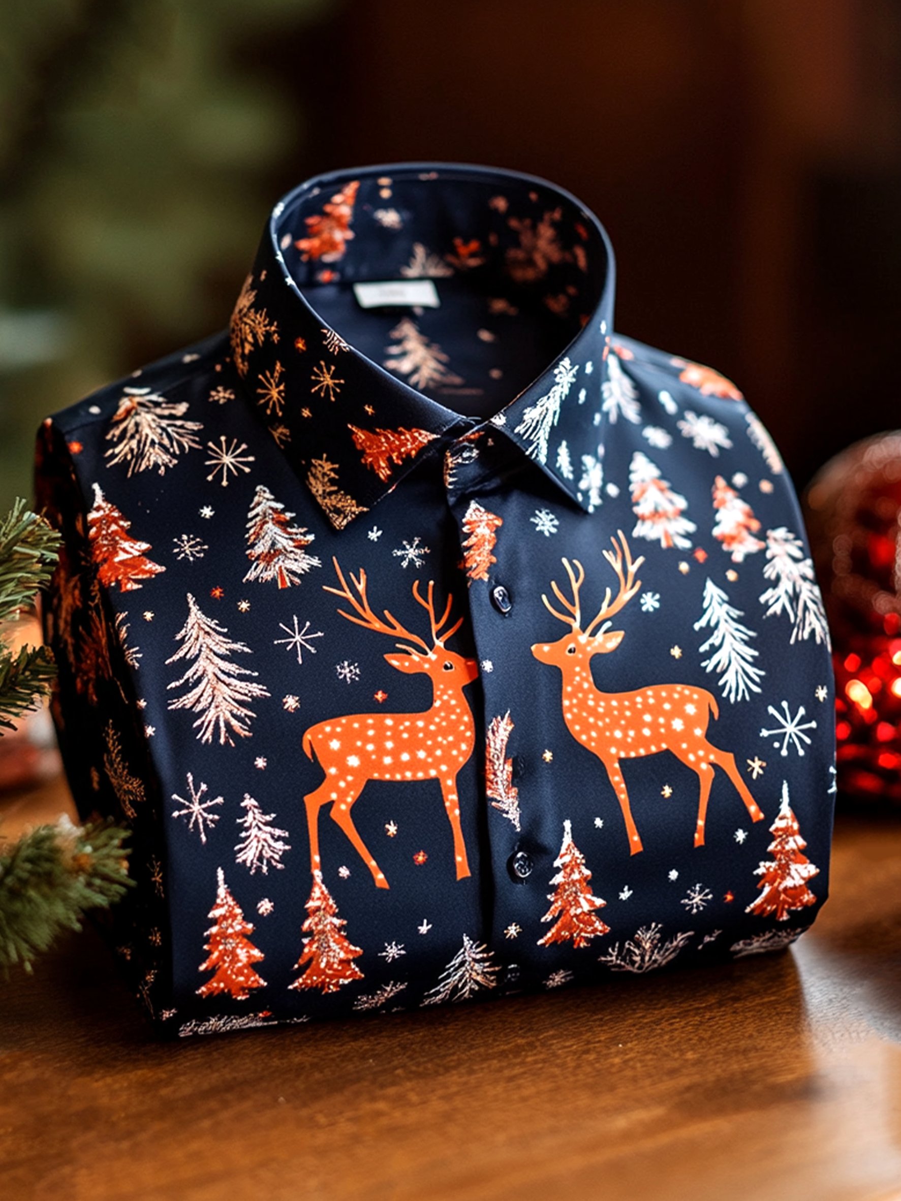 Camisa satén de lujo Christmas Party de manga larga con botones para hombre