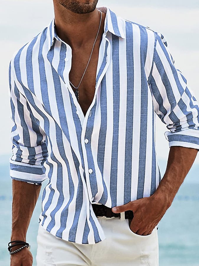 Camisa a rayas estampado de manga larga para hombre