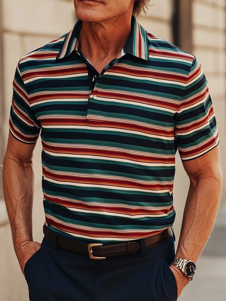 Camisa polo casual ejecutivo rayas estampado con botones de manga corta para hombre