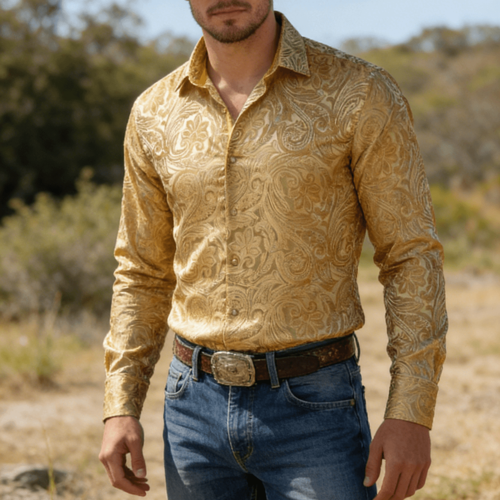 Camisa Mens Gold de chalecoir Paisley seda de manga larga con botones formal camisas