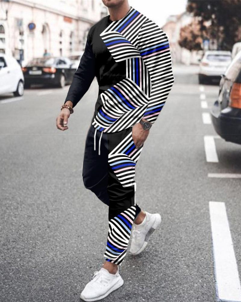Casual color-block estampado color-block de manga larga sports set 010 para hombre