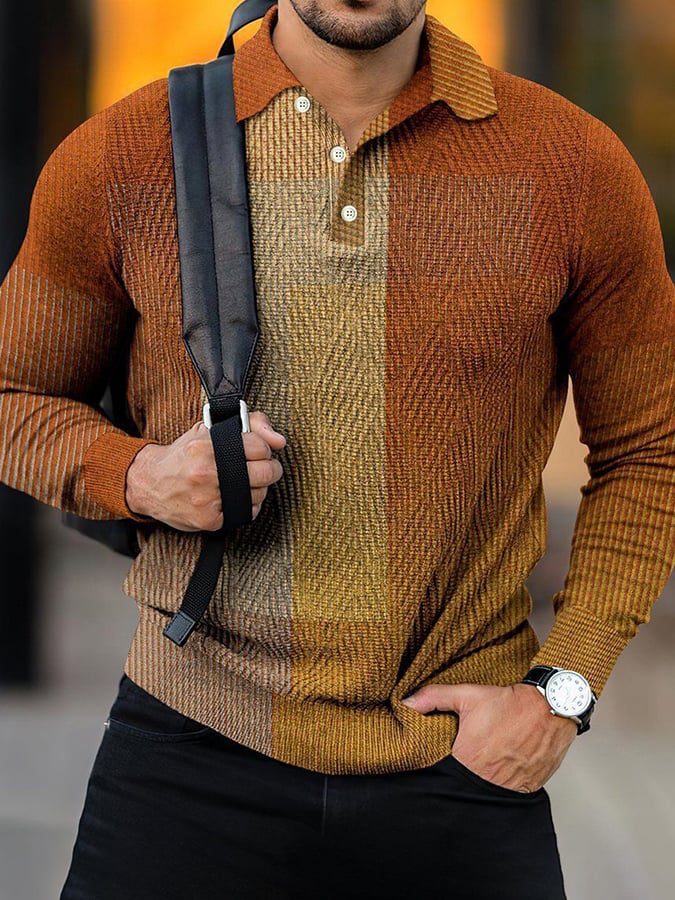 Camisa polo Colorblocked rayas casual de manga larga tejido para hombre