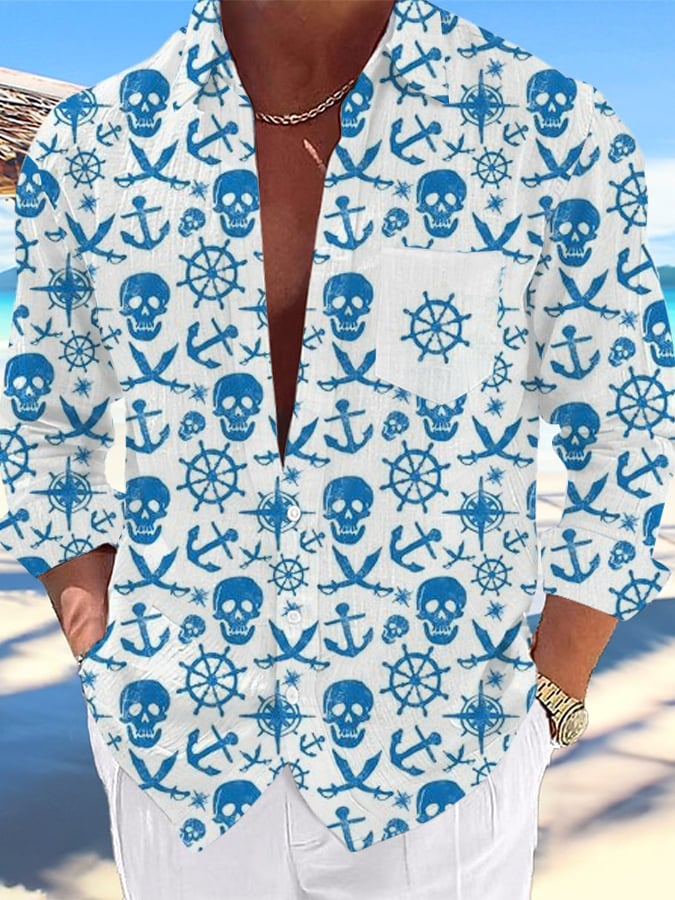 Camisa Nautical Design estampado Lapel Pocket casual para hombre