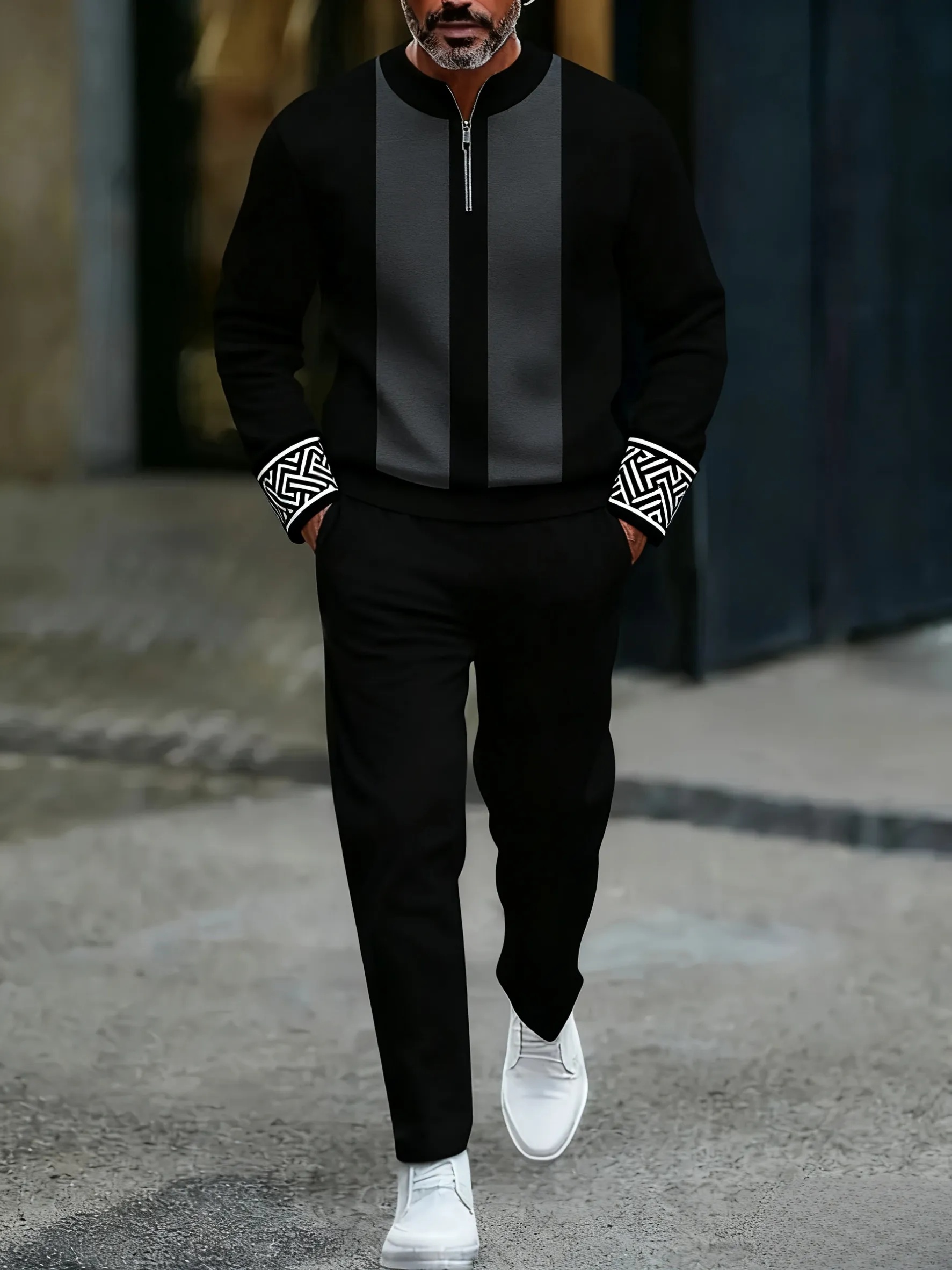 Conjunto de dos piezas casual Black & Gray Color Matching Geometric estampado Round-Neck Zipper de manga larga sudadera & Trousers para hombre