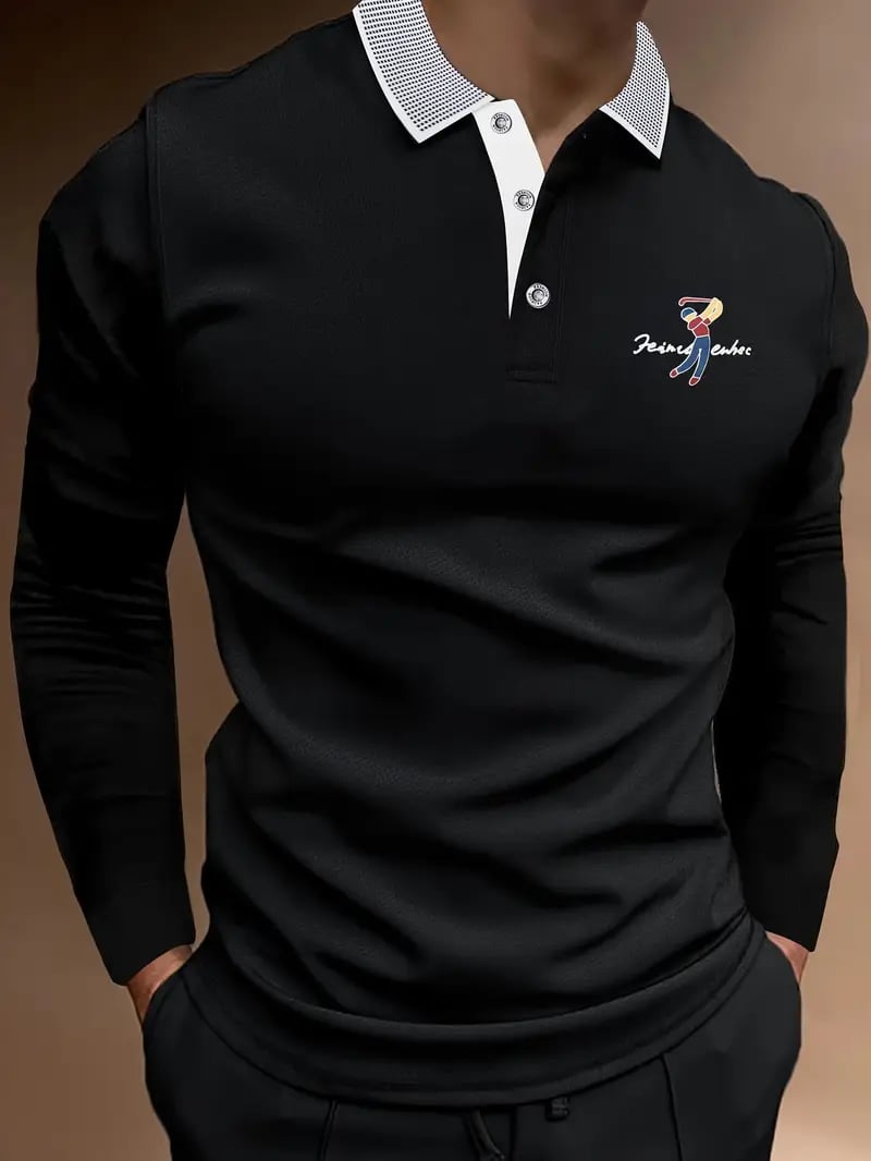 Camisa polo retro ejecutivo estampado de manga larga para hombre