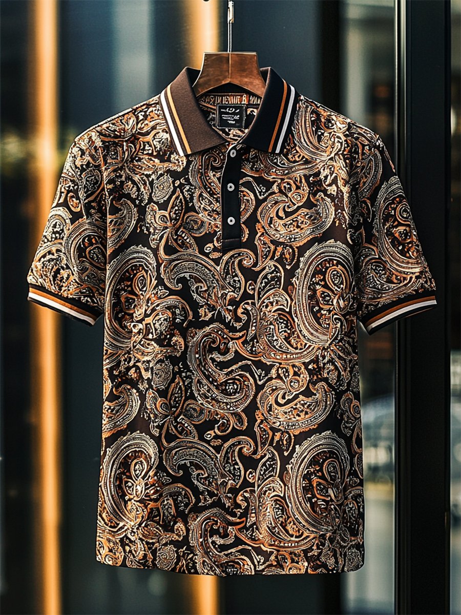 Camisa polo casual ejecutivo Paisley Button de manga corta para hombre