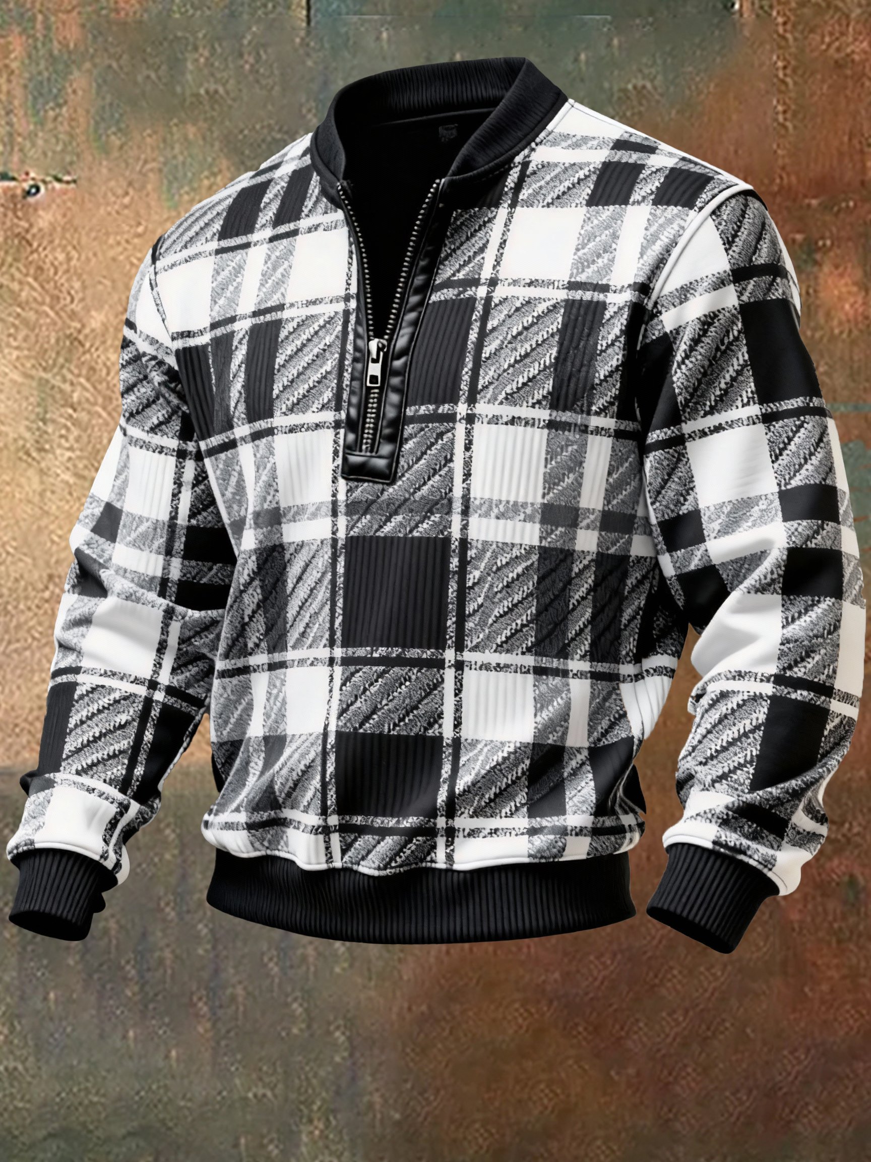 Sudadera casual retro Contrast Color Half Zip Stand cuello de manga larga para hombre