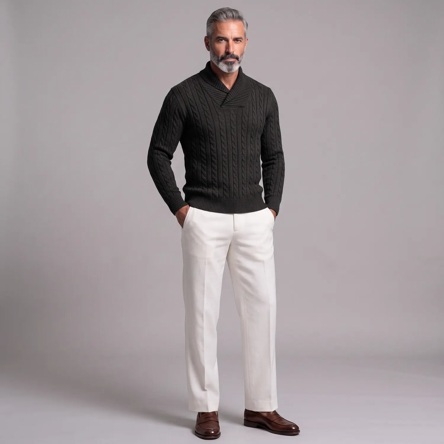 para hombre de color sólido Cable tejido Shawl Collar de corte entallado Pullover Sweater