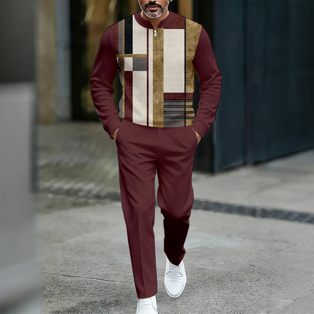Conjunto de dos piezas casual Color Matching estampado Round-Neck Zipper de manga larga Trousers para hombre