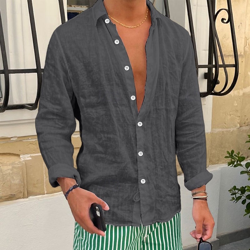 Camisa de lino camisa Summer camisa Beach camisa Plain casual para uso diario Black White Pink Royal Blue de manga larga solapa Spring & Summer Clothing Apparel para hombre - vista 11