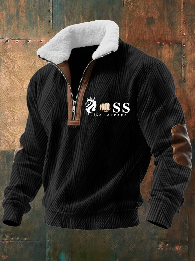Sudadera retro Letter Design jacquard Fabric cierre Fur cuello de manga larga para hombre