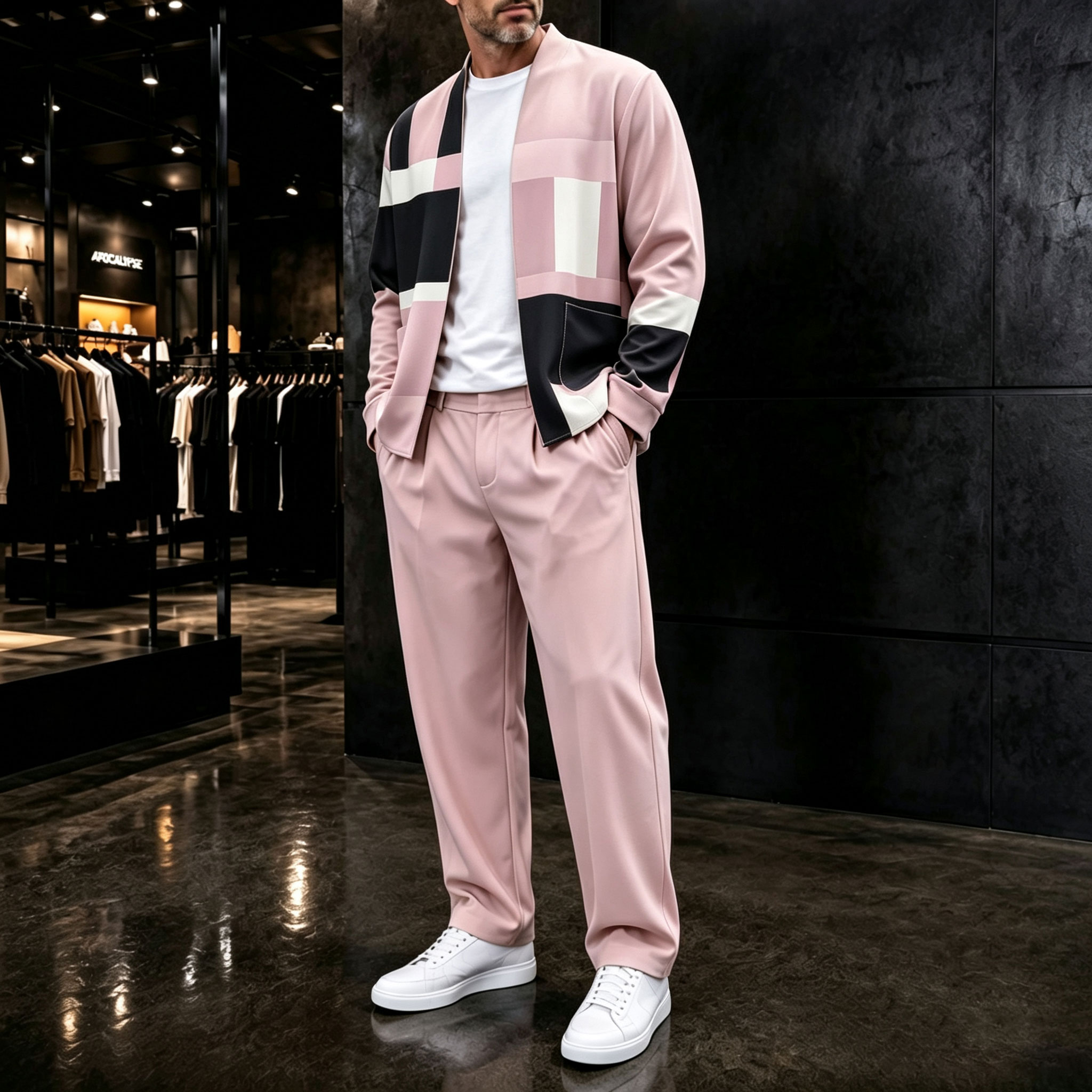 para hombre conjunto de dos piezas: Color-Blocked Cardigan and pantalón