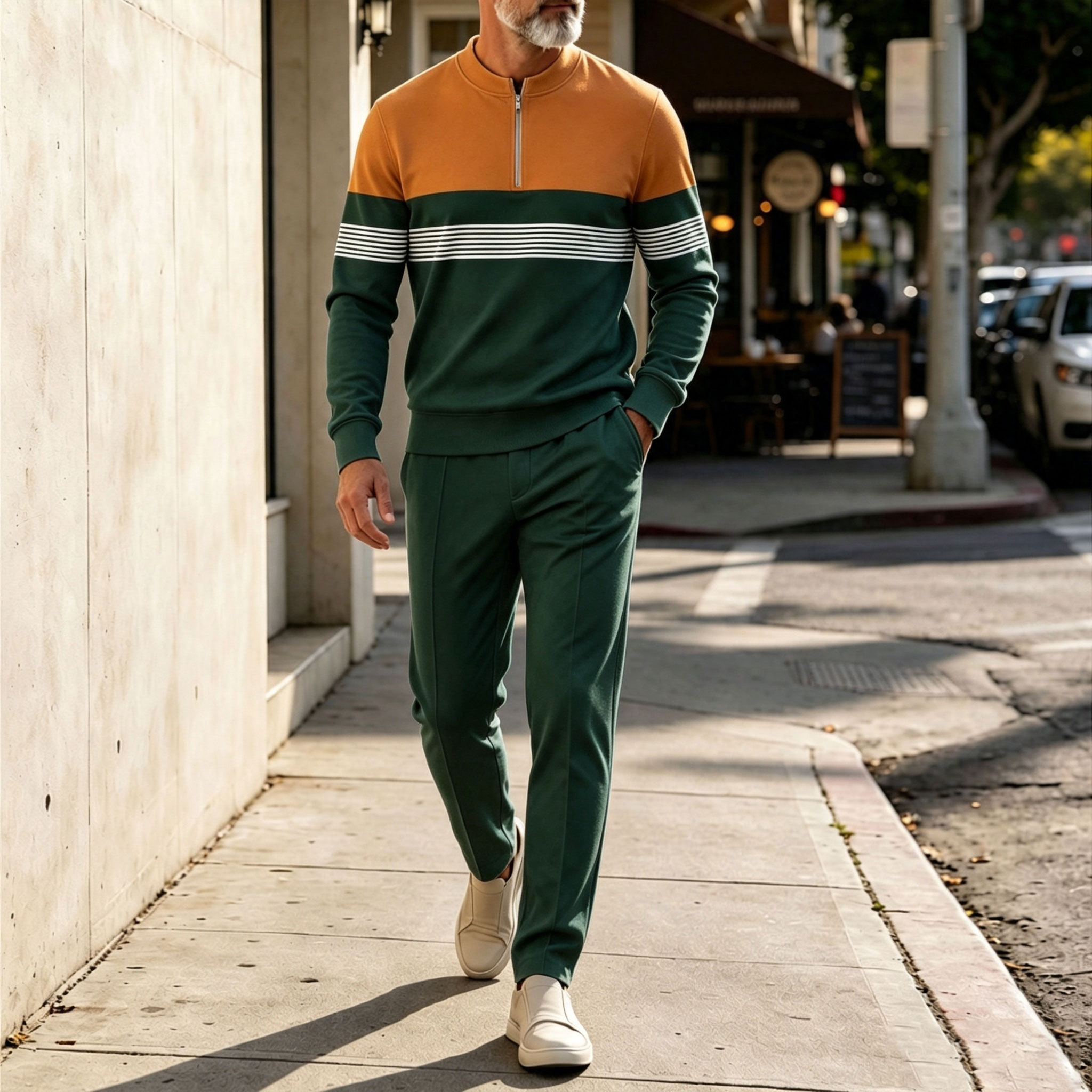 para hombre Two-Tone Round-Neck Zipper de manga larga camisa and pantalón Set