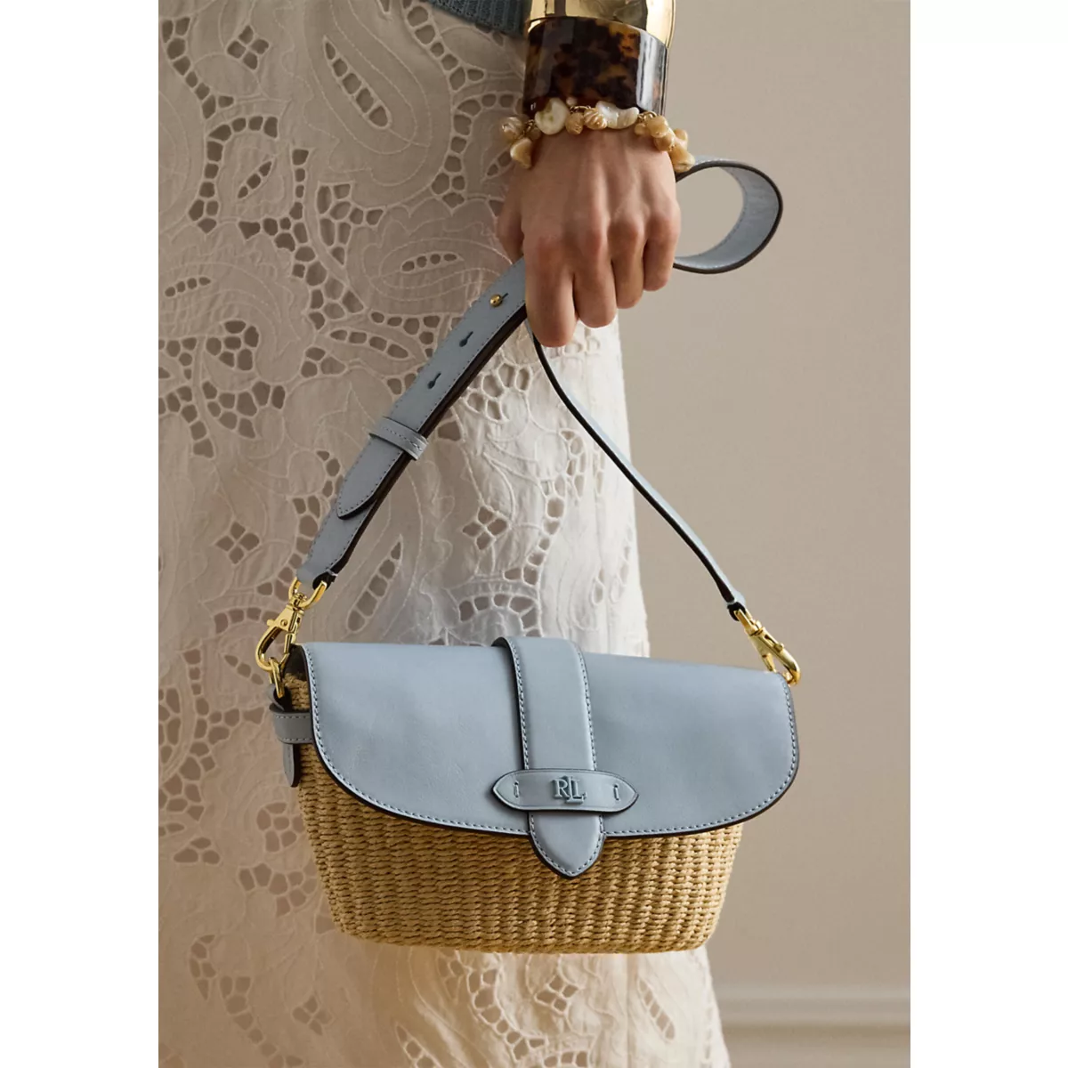 Straw-Leather Small Lynden Shoulder Bag - 1