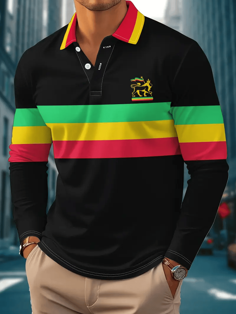 Camisa polo retro ejecutivo rayas estampado de manga larga para hombre