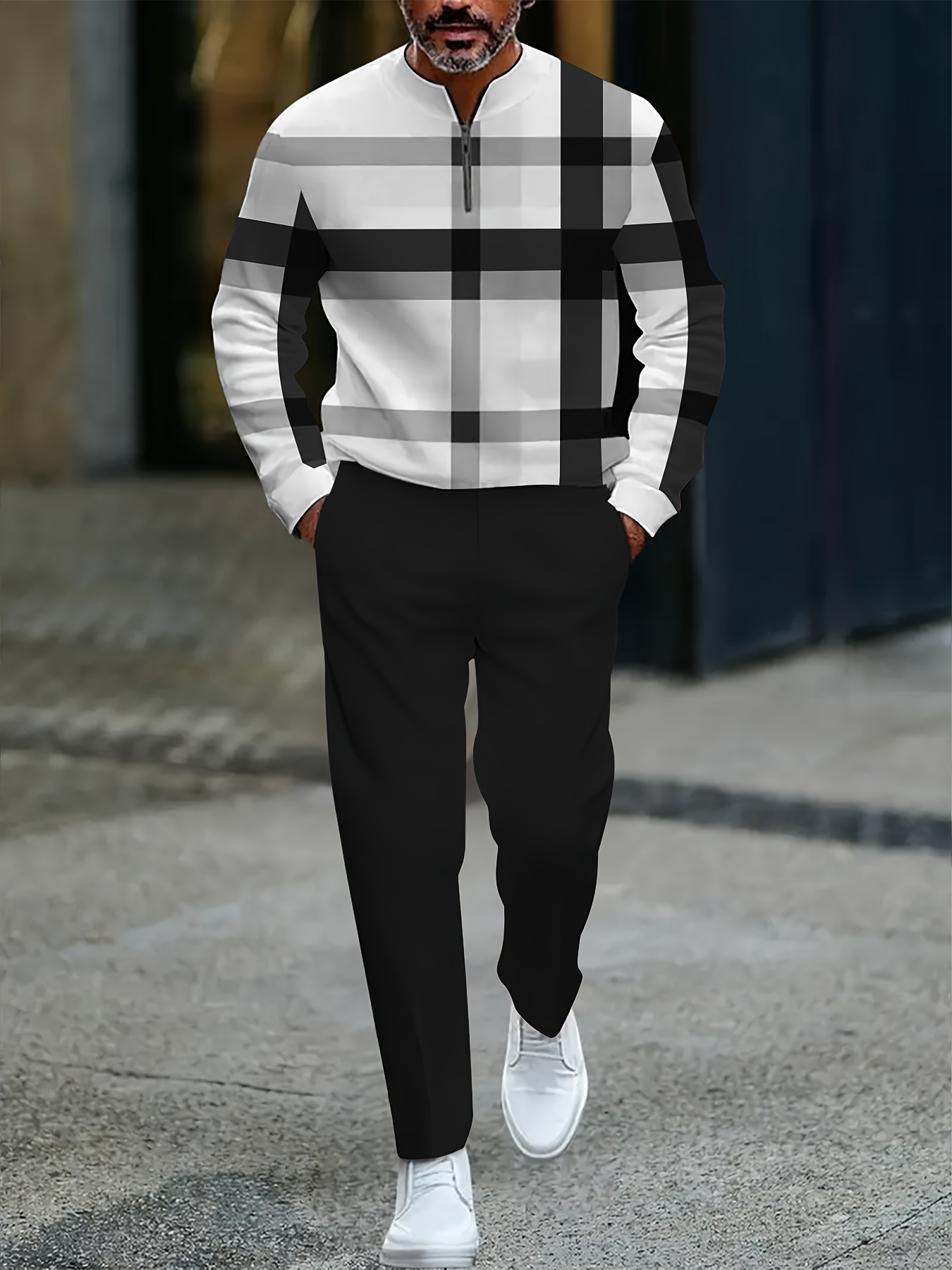 Conjunto de dos piezas casual Color Matching estampado Round-Neck Zipper de manga larga Trousers para hombre