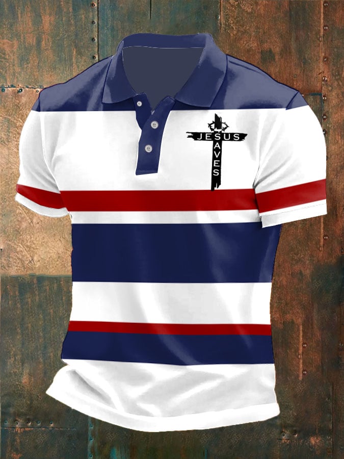 Camisa polo Man's retro Jesus Saves Cross estampado