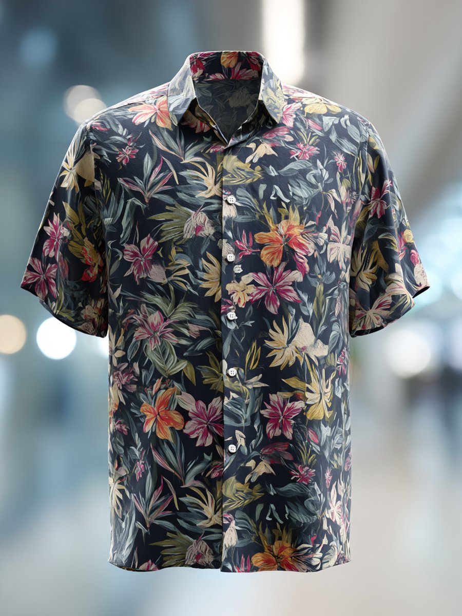 Camisa ejecutivo casual floral estampado solapa de manga corta para hombre