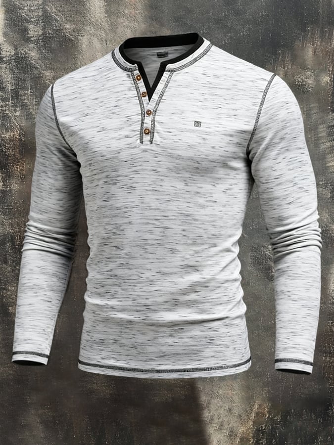 Camiseta Color-Block Patchpara trabajo Faux Two-Piece Henley Neck de manga larga para hombre