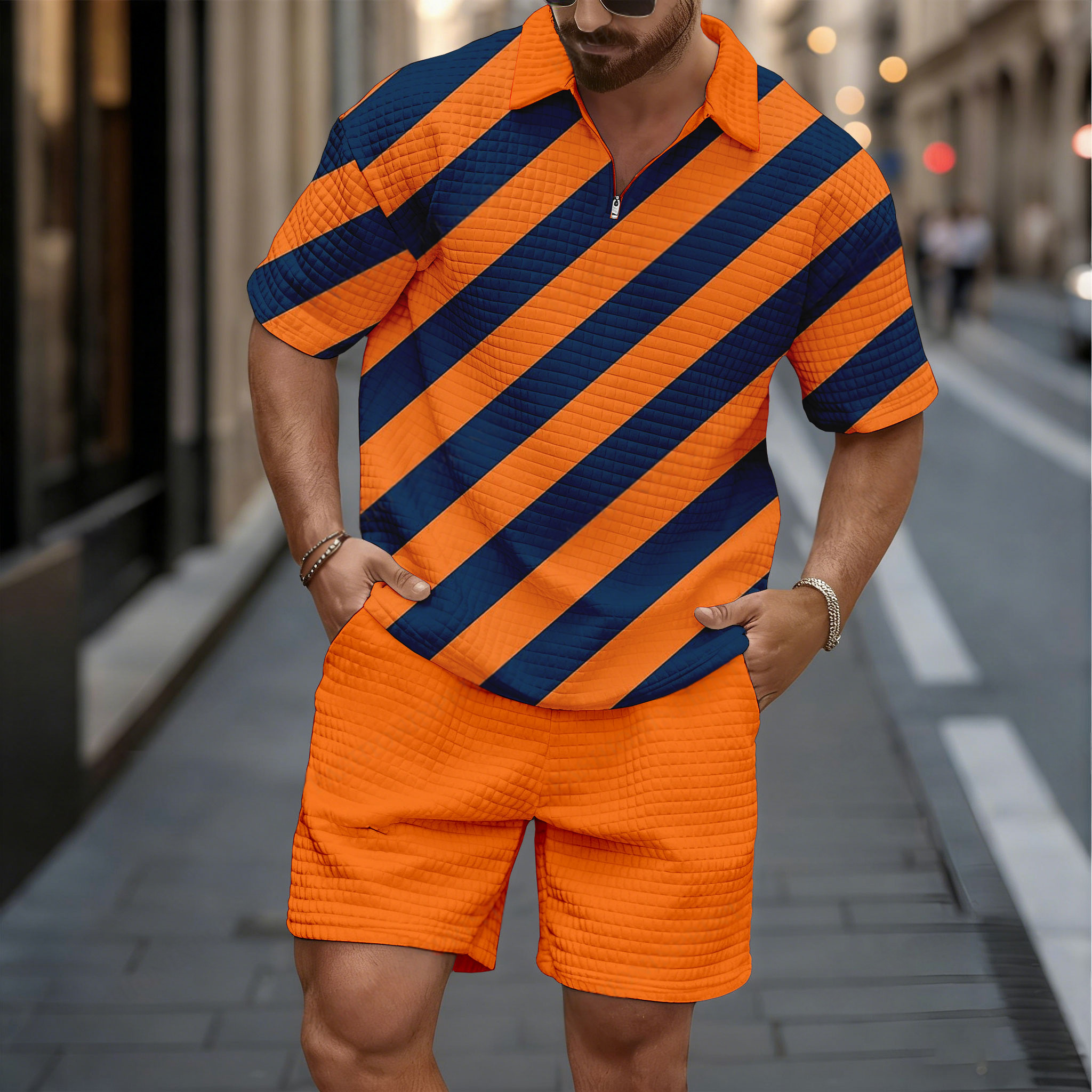 Conjunto de dos piezas casual Orange & Navy Color Matching a rayas de manga corta camisa And shorts para hombre