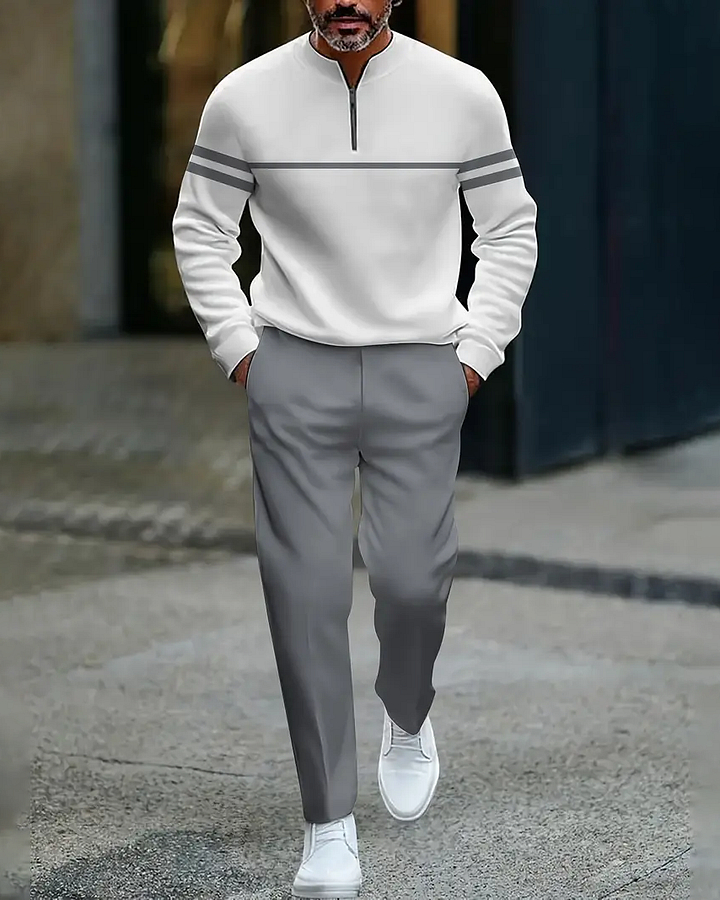 Conjunto de dos piezas casual Color Matching estampado Round-Neck Zipper de manga larga Trousers para hombre