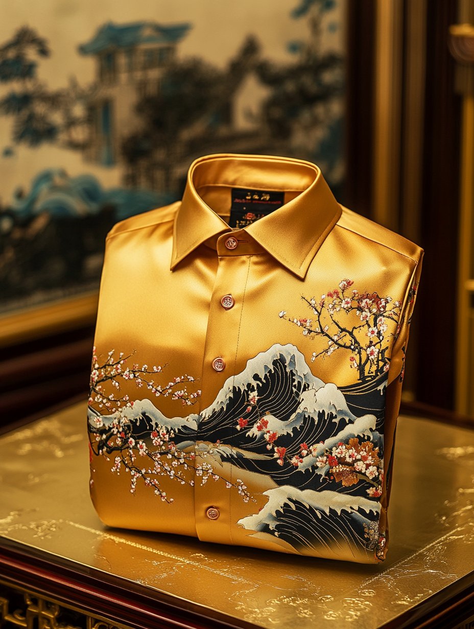 Camisa Ukiyo-e de lujo satén de manga larga para hombre