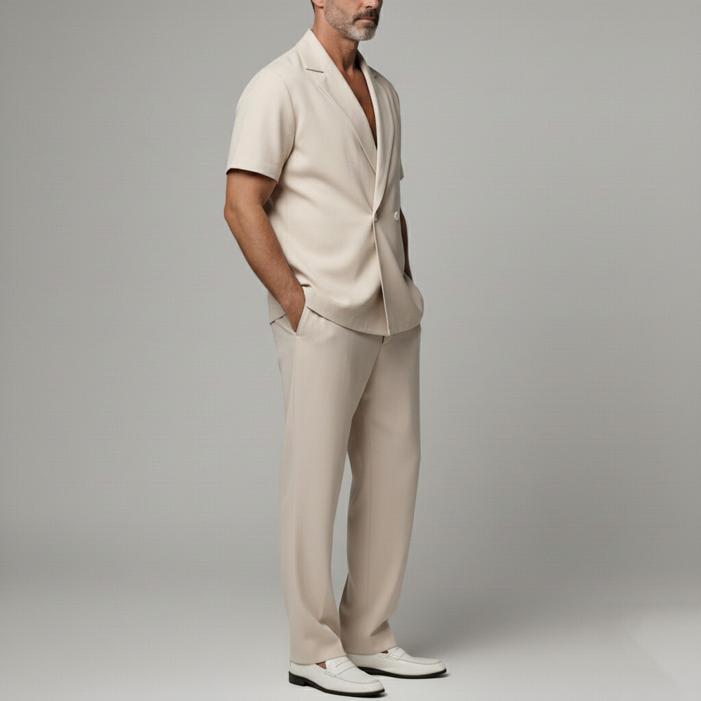 Saco casual Apricot Double Breasted Notched Lapel de manga corta & pantalón 2Pcs Set para hombre