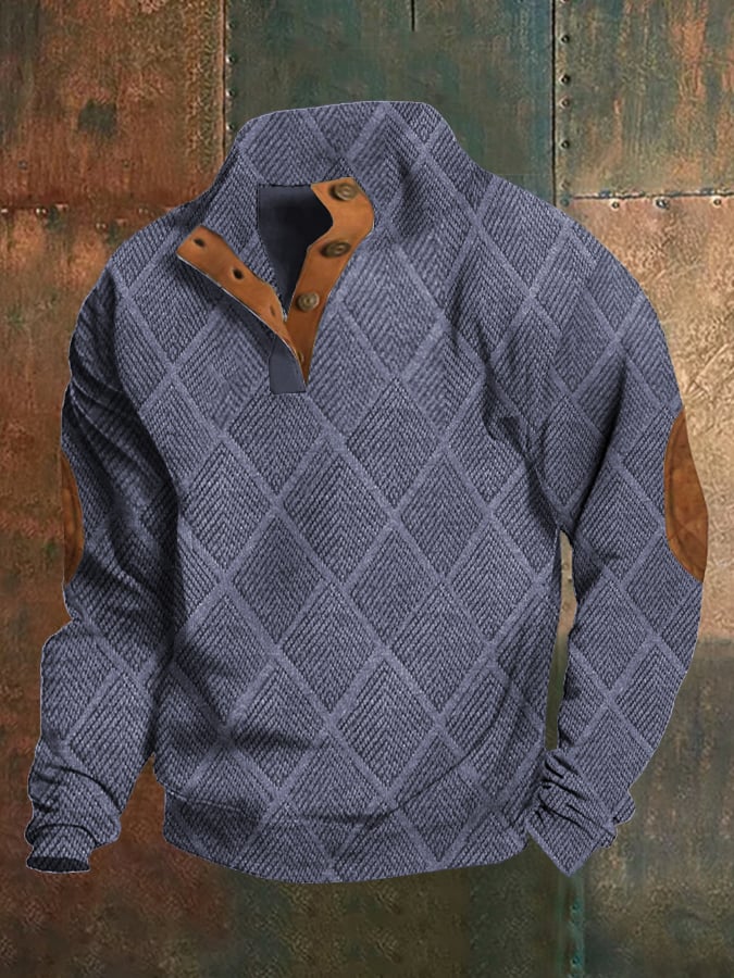 Sudadera retro estampado Stand cuello Button In Plush Fabric para hombre