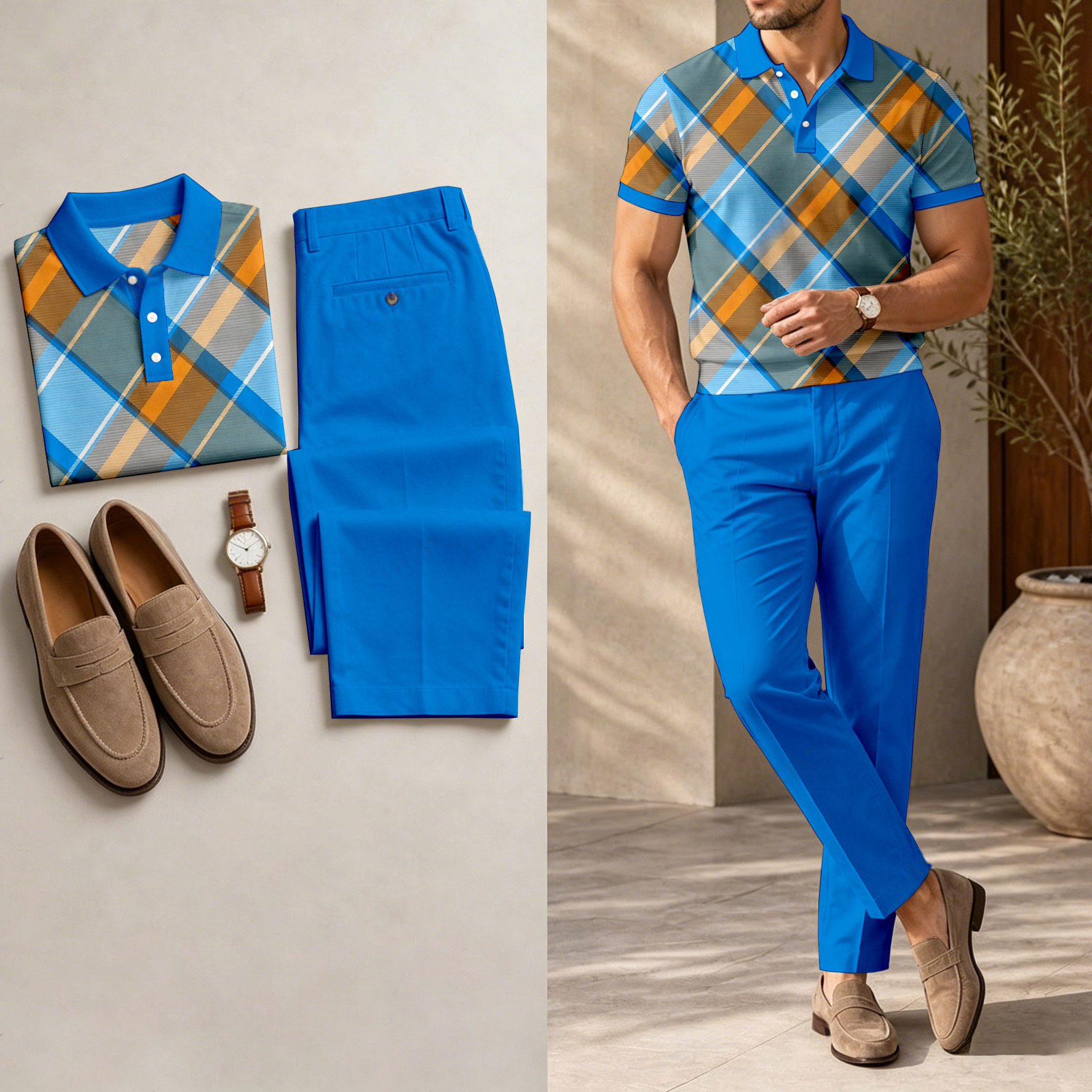 Conjunto de dos piezas casual Dark Blue Geometric estampado camisa polo And pantalón para hombre