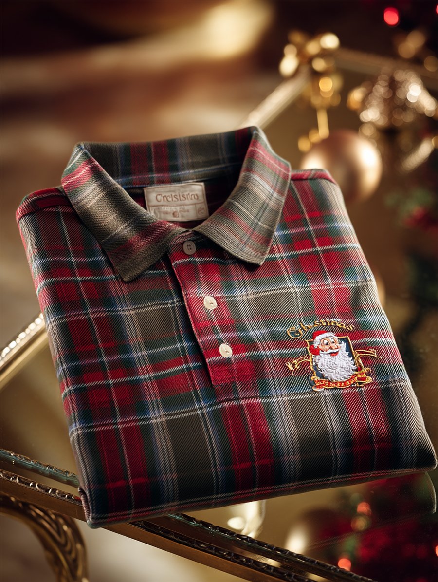 Camisa polo Christmas a cuadros de manga larga para hombre