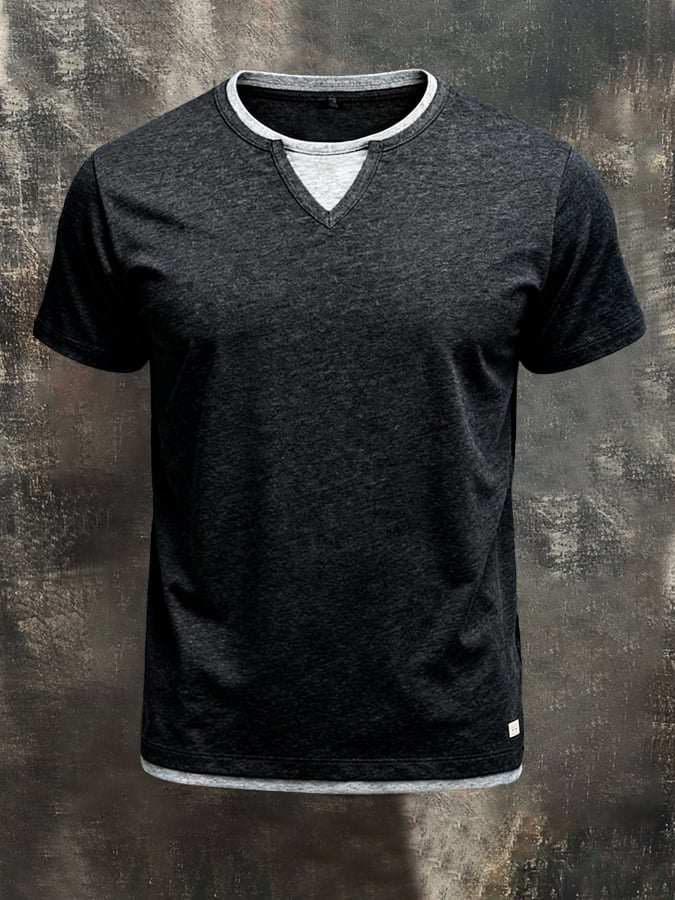 Camiseta vintage Color-Block Faux Two-Piece de manga corta para hombre