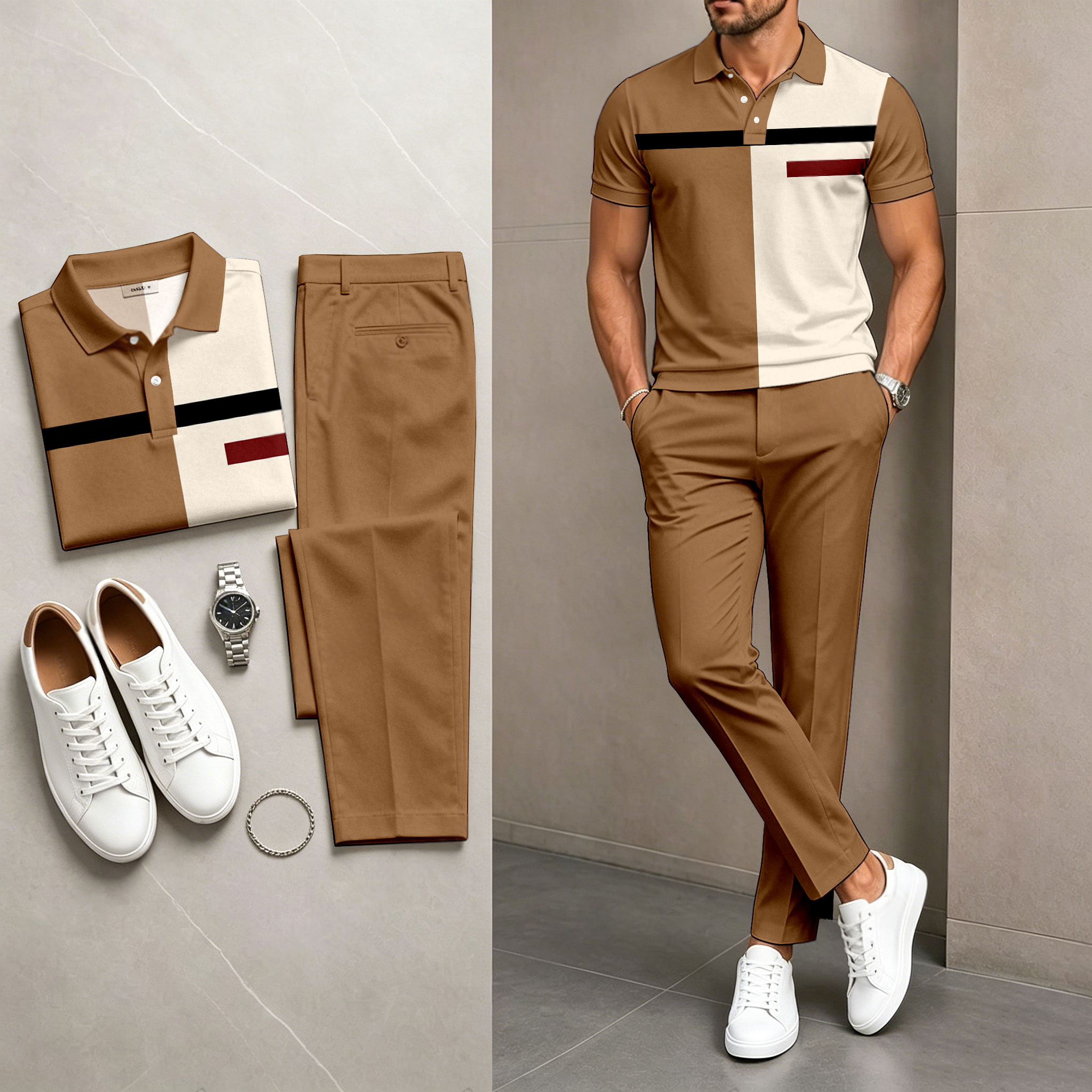 Conjunto de dos piezas casual Brown rayas estampado camisa polo And pantalón para hombre