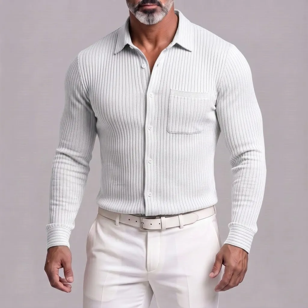 para hombre casual Ribbed tejido Single Breasted Chest Pocket de corte entallado de manga larga camisa