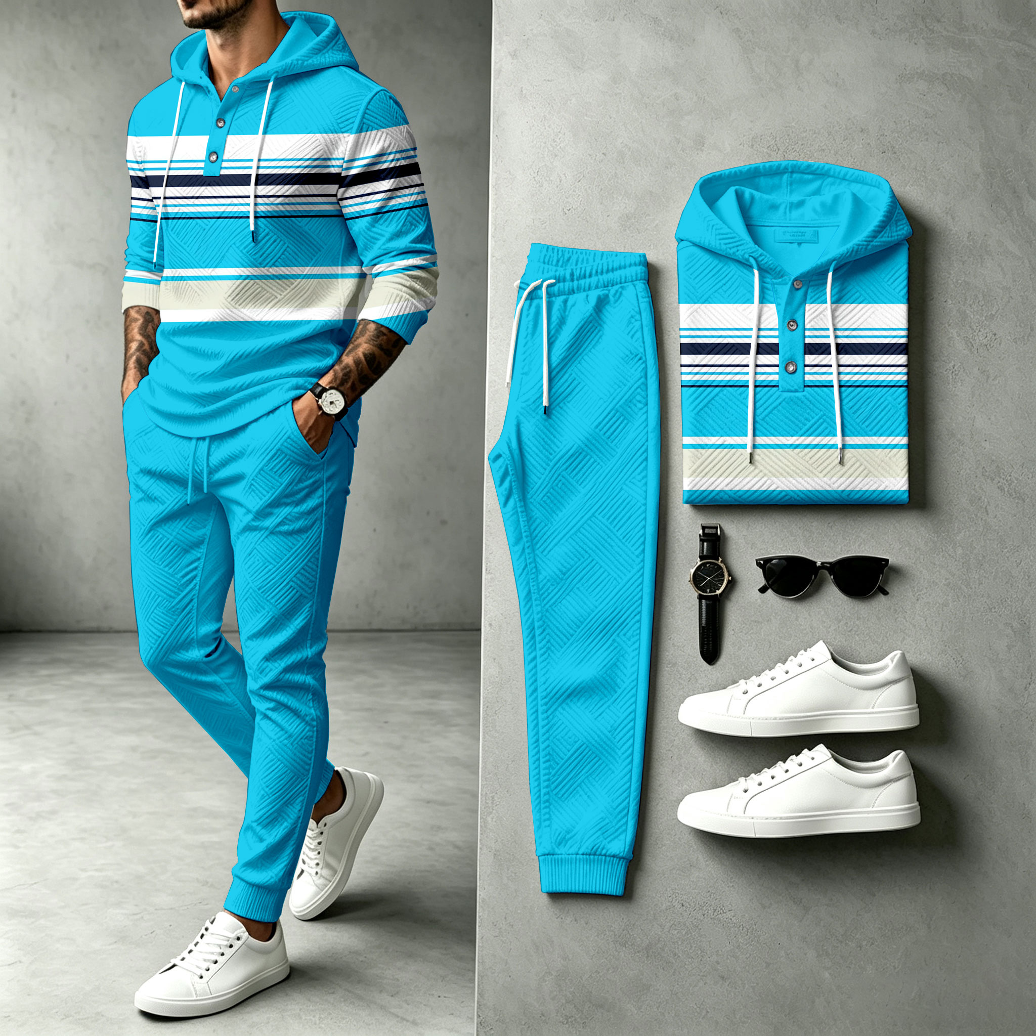 para hombre a rayas Patchwork Hooded Sweacamiseta and pantalón Set