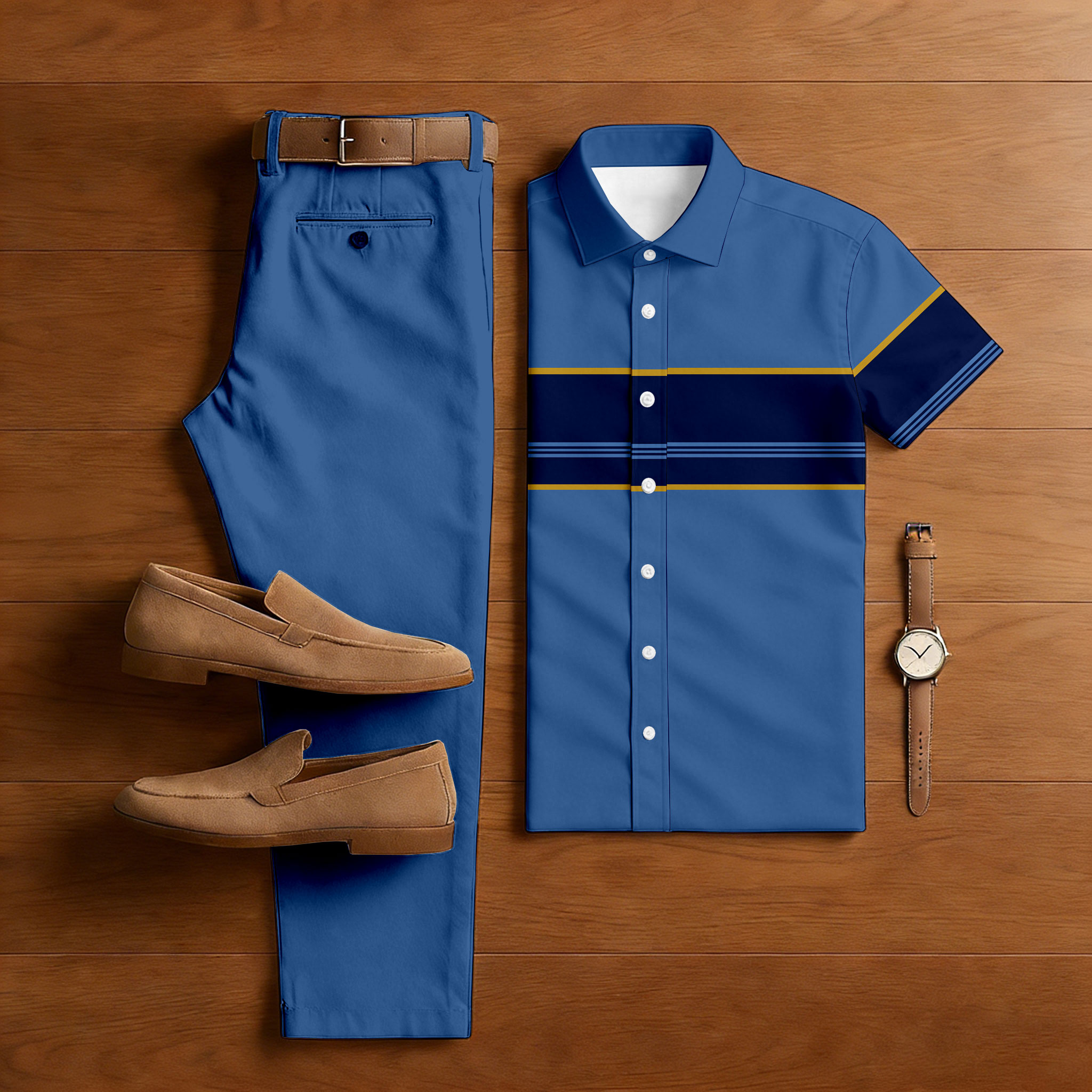 Conjunto de dos piezas casual Royal Blue Color Matching a rayas estampado de manga corta camisa & Trousers para hombre