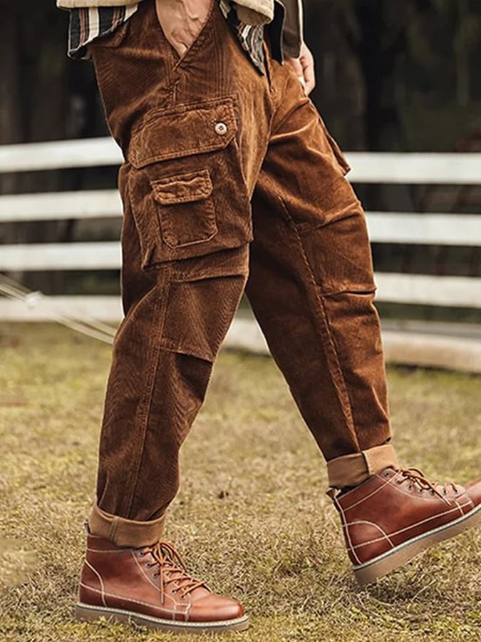 Pantalón vintage tejido tipo waffle para exterior Multi-bolsillo para hombre
