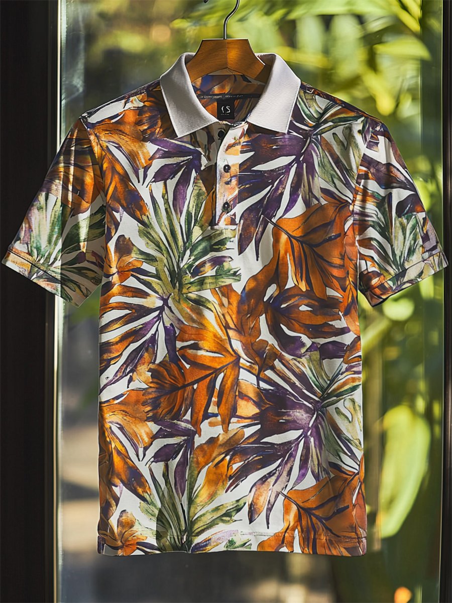 Camisa polo casual Festive floral estampado Button de manga corta para hombre