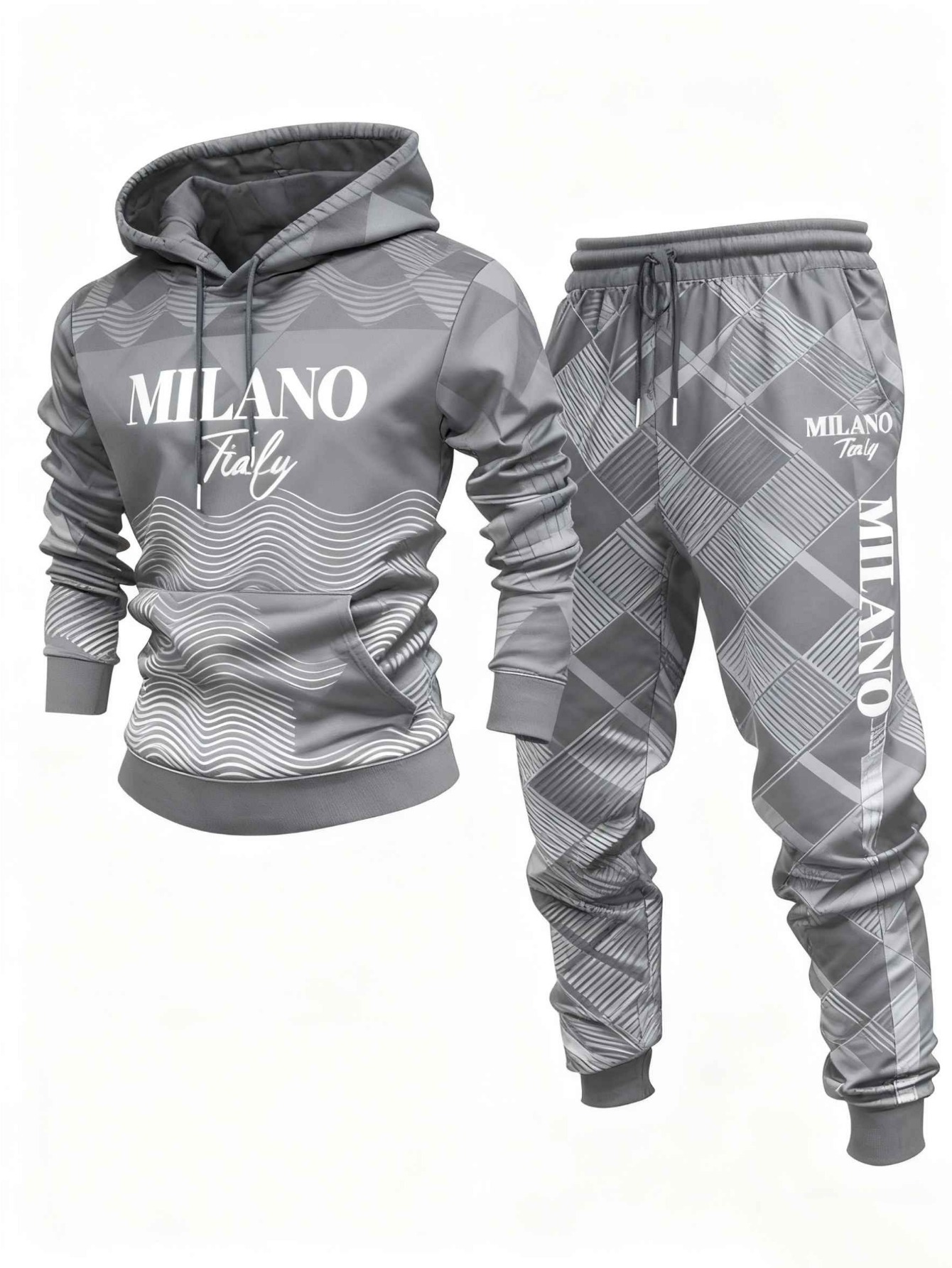 Conjunto de dos piezas casual Gray & White Color Geometric estampado sudadera con capuchas de manga larga sudaderas & Sweatpantalón para hombre