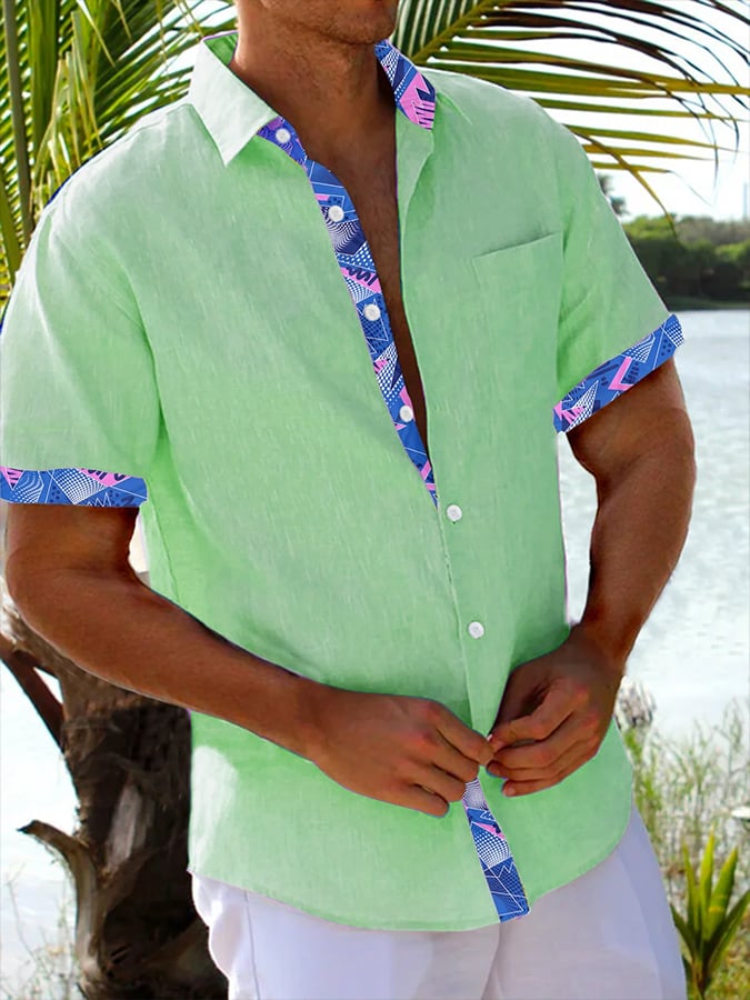 Camisa Resort Style Contrast estampado casual de manga corta para hombre