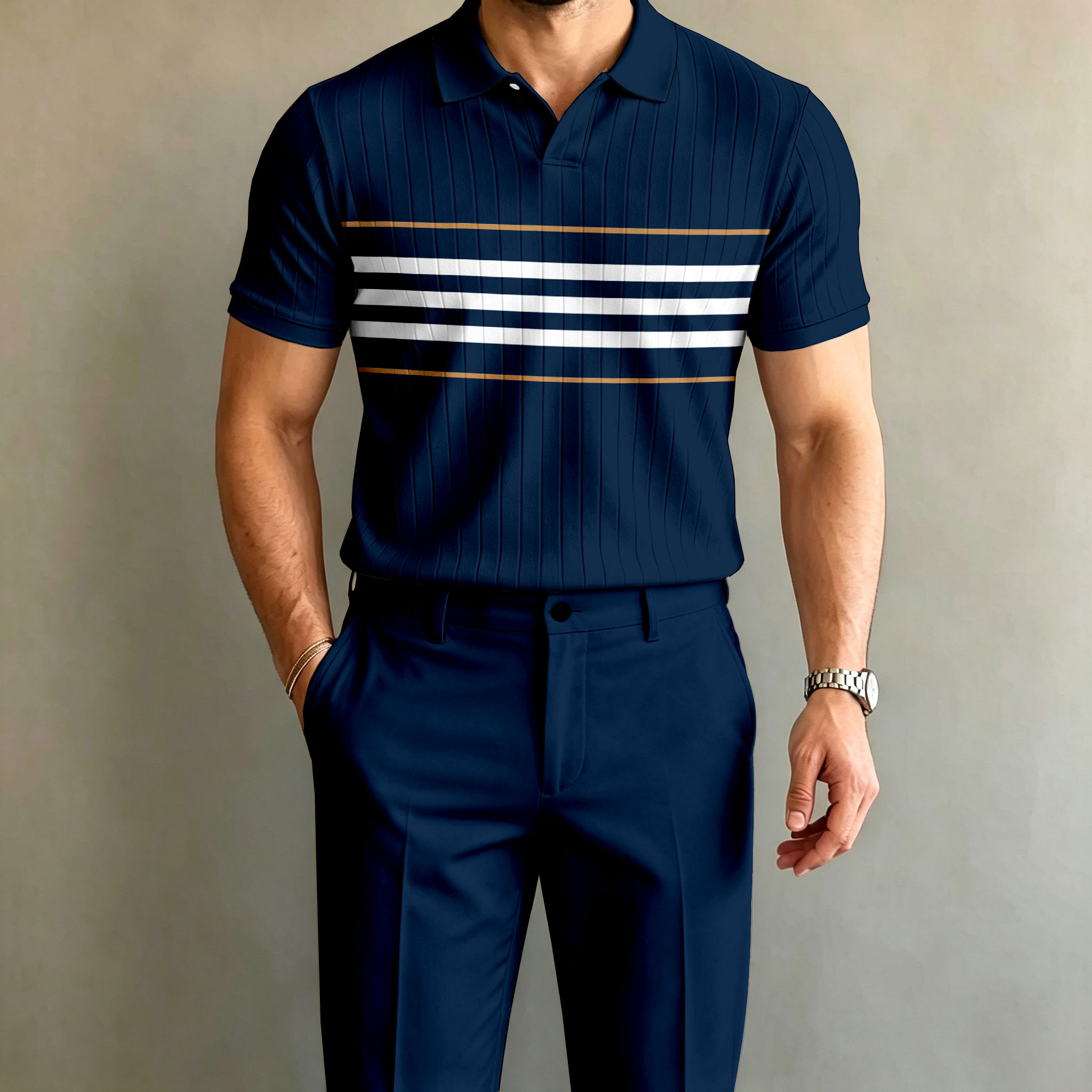 para hombre Blue a rayas de manga corta camisa polo and pantalón Set