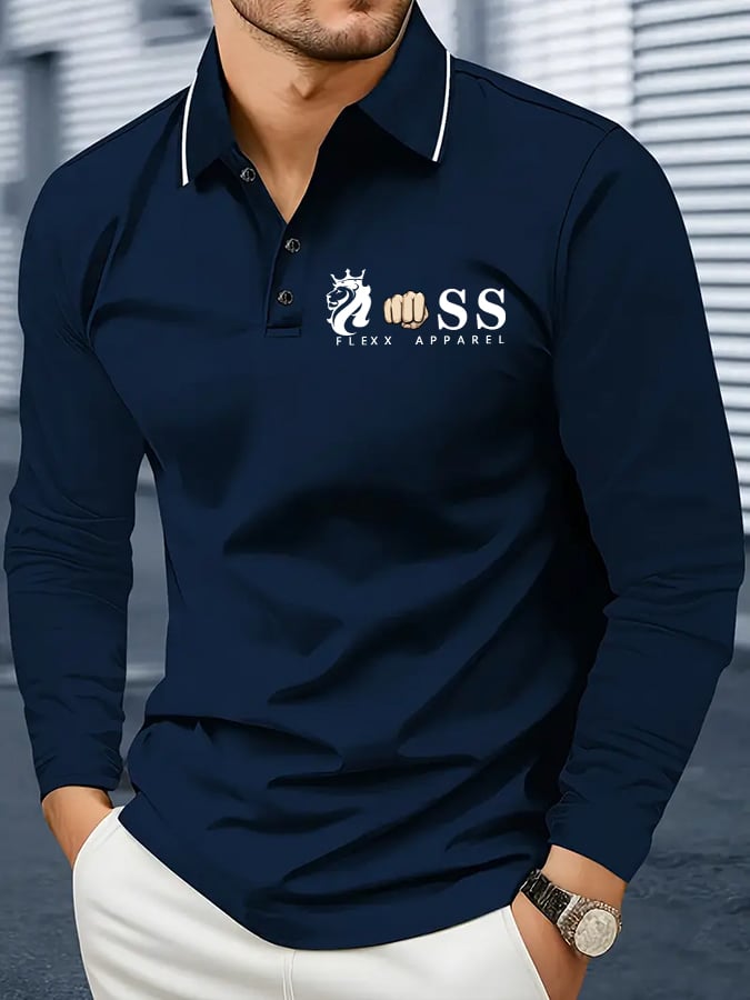 Camisa polo retro Letter Design ejecutivo de manga larga para hombre