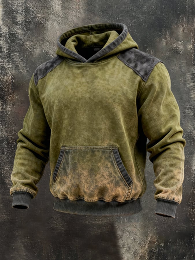 Sudadera retro desgastado Contrast Color Hooded casual Set para hombre