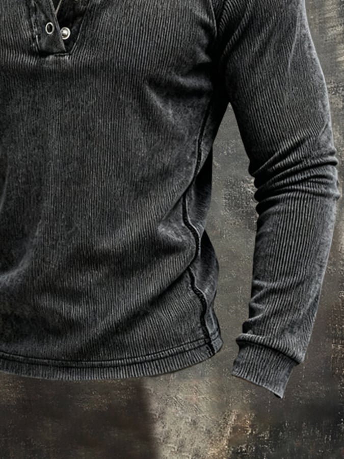 Camiseta vintage acanalado Pure de algodón Washed And desgastado de manga larga para hombre