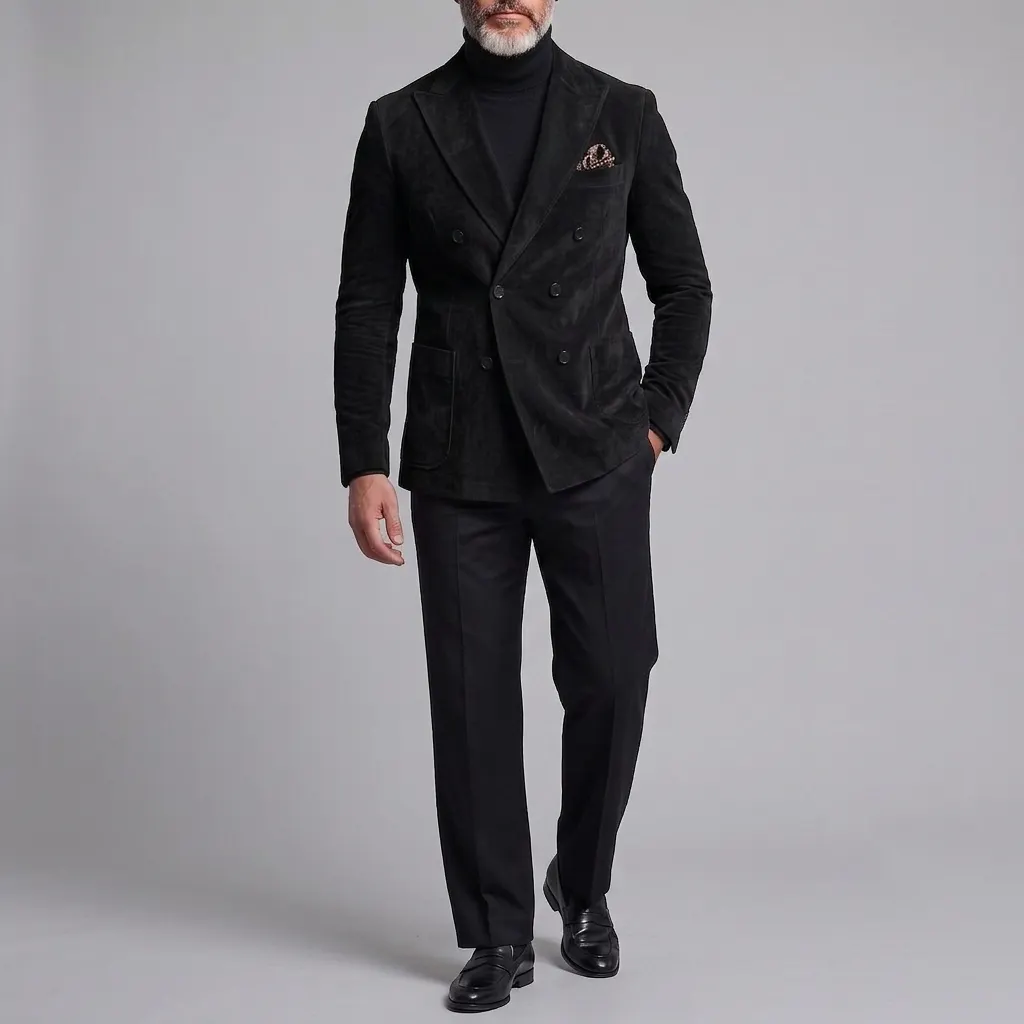 para hombre retro Khaki Suede Peak Lapel Double-Breasted Patch Pocket de corte entallado saco