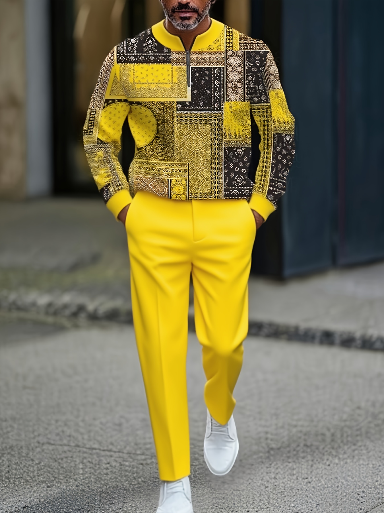 Conjunto de dos piezas casual Color Matching estampado Round-Neck Zipper de manga larga Trousers para hombre