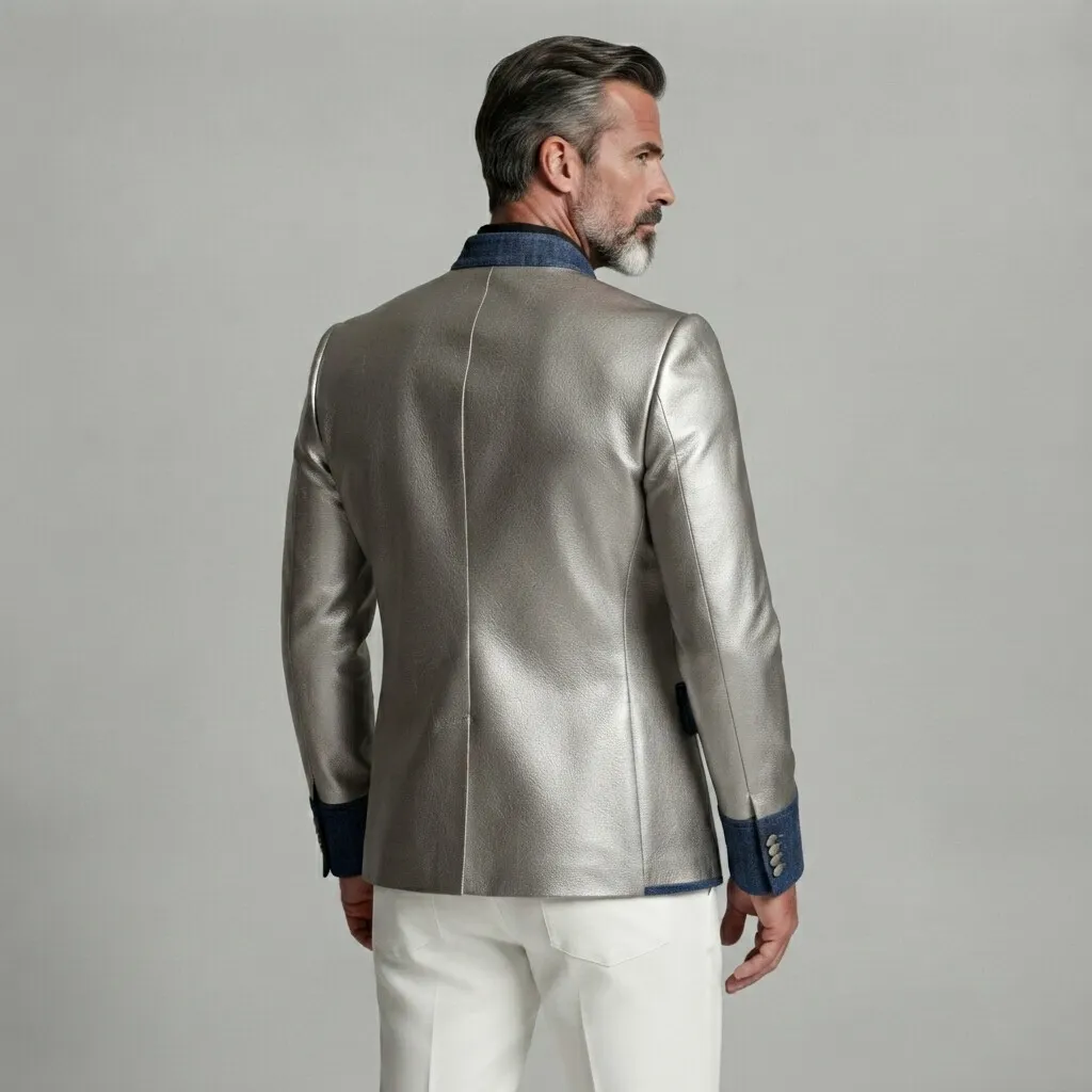 para hombre vintage Silver Mandarin Collar Single Breasted Denim Trim de corte entallado PU Leather chaqueta