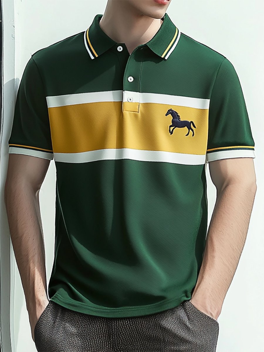 Camisa polo ejecutivo rayas Logo con botones de manga corta para hombre