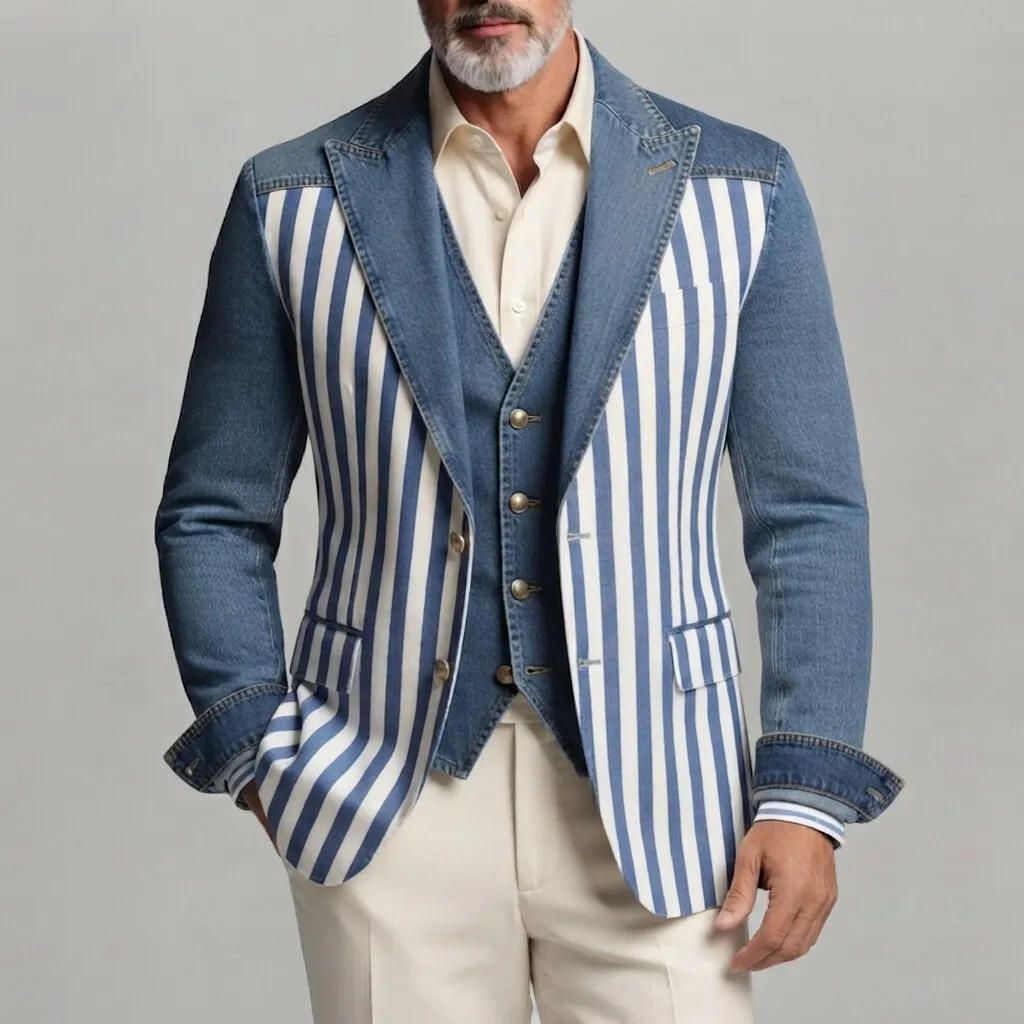 para hombre elegante Contrast a rayas Print Peak Lapel de corte entallado Denim sacos
